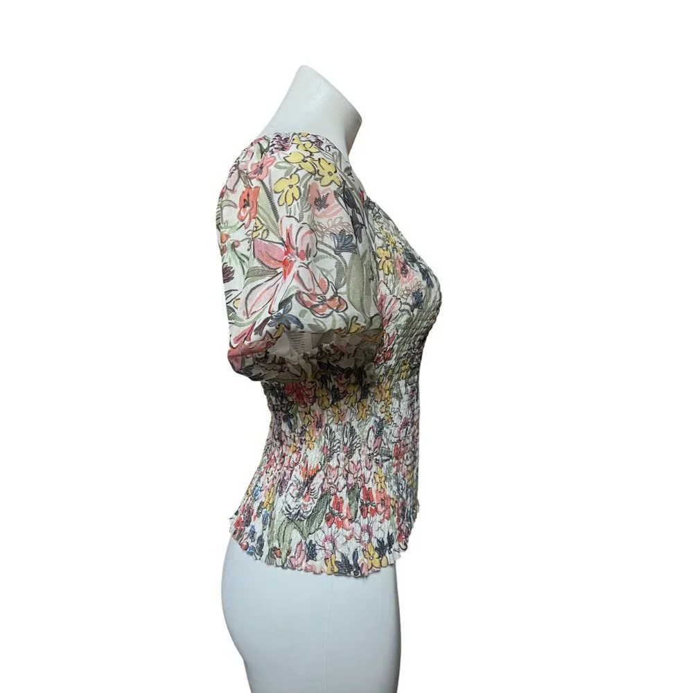 By Anthropologie Aurelia Floral Smocked Mesh Net Top Small Puff Sleeve